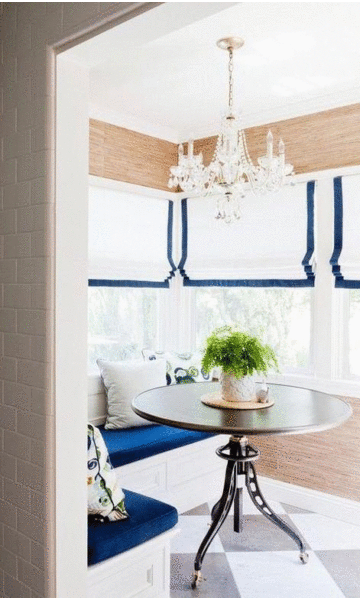 White Living Room Custom Roman Shade With Trim
