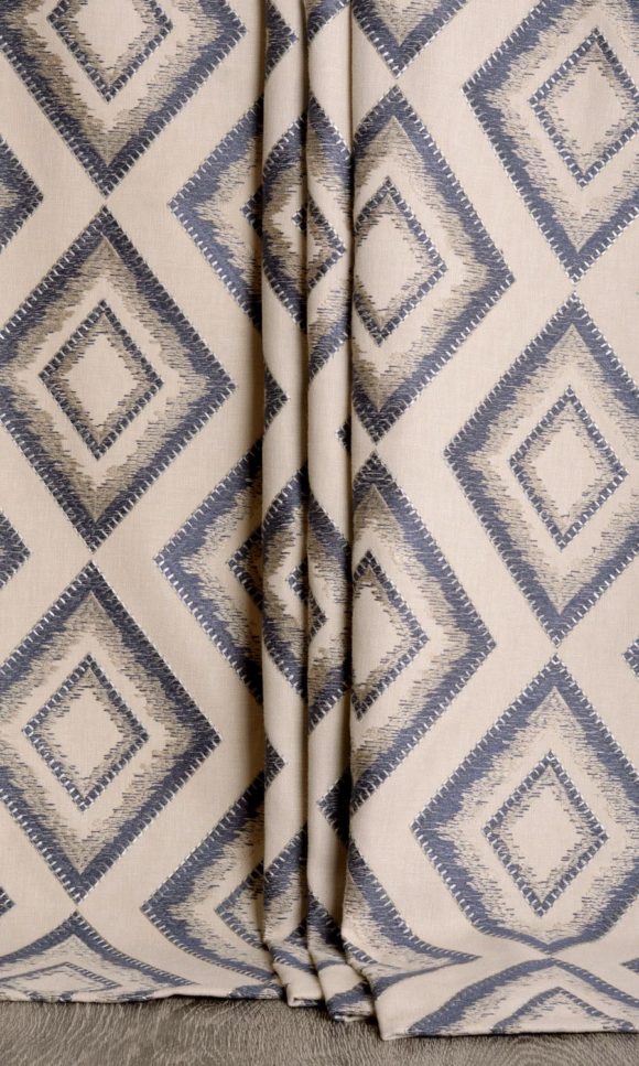 Embroidered Curtains Online I Oyster Beige/ Navy Blue I Spiffy Spools