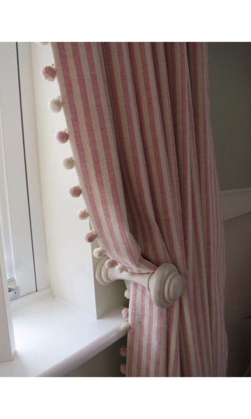 Striped living Room With Custom Curtain With Pom Pom