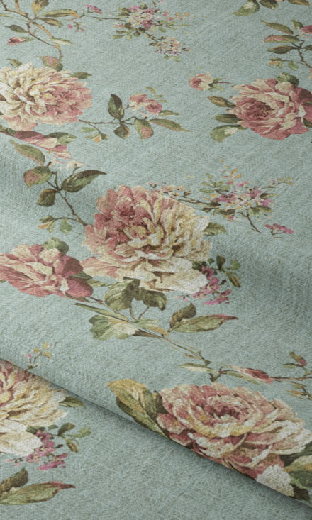 Country Floral Printed Fabric Sample/ Swatch I Blue/ Pink