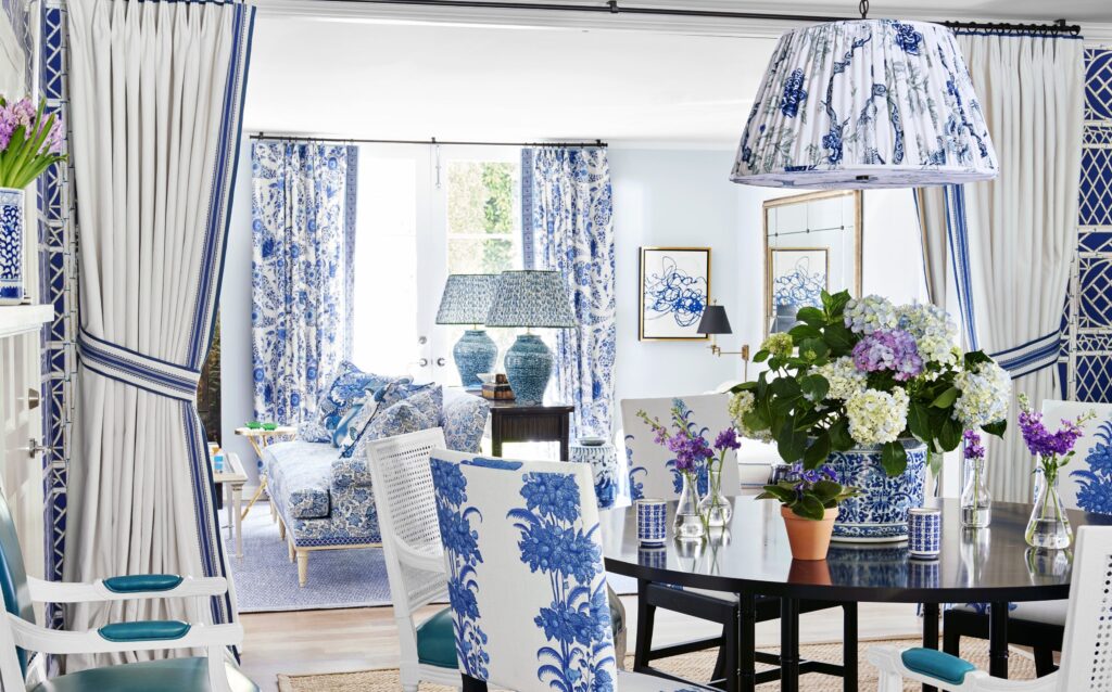 Blue and white open doorway curtains