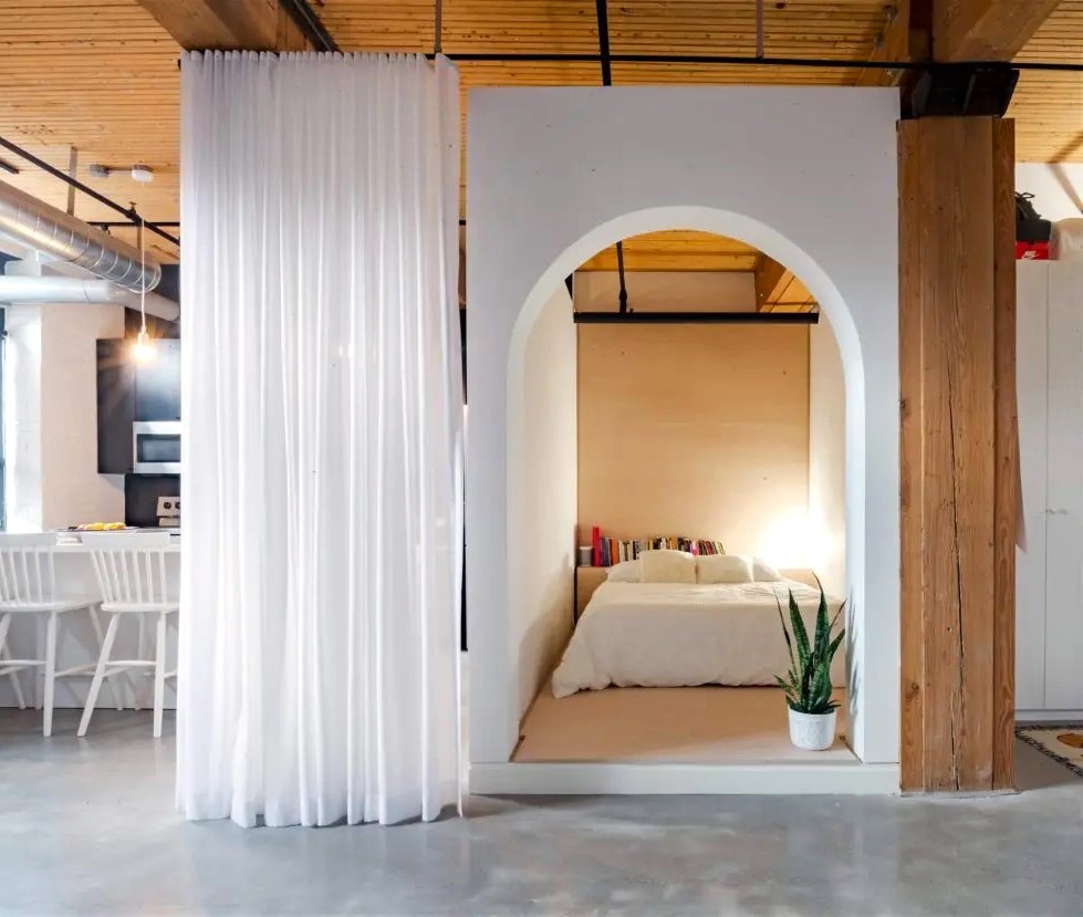 Arched open doorway white curtains