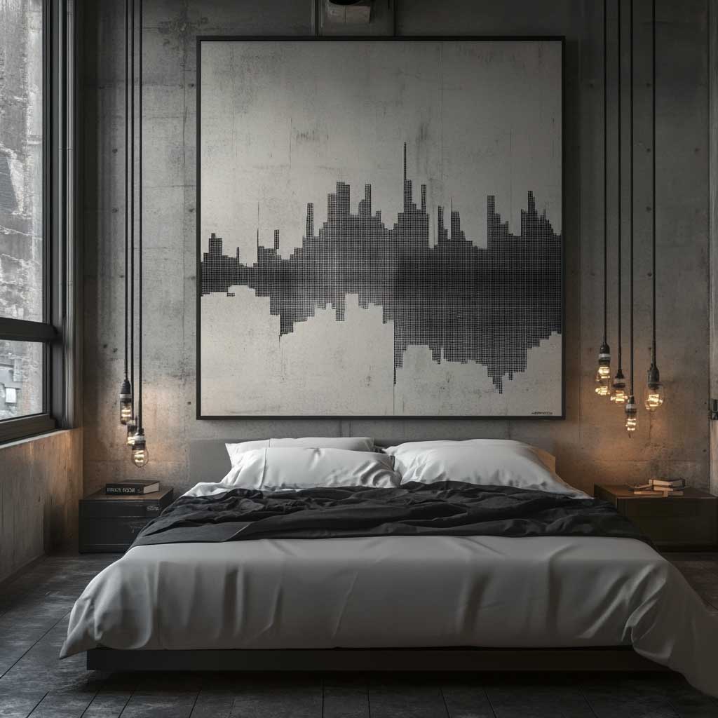 Large artwork industrial style bedroom