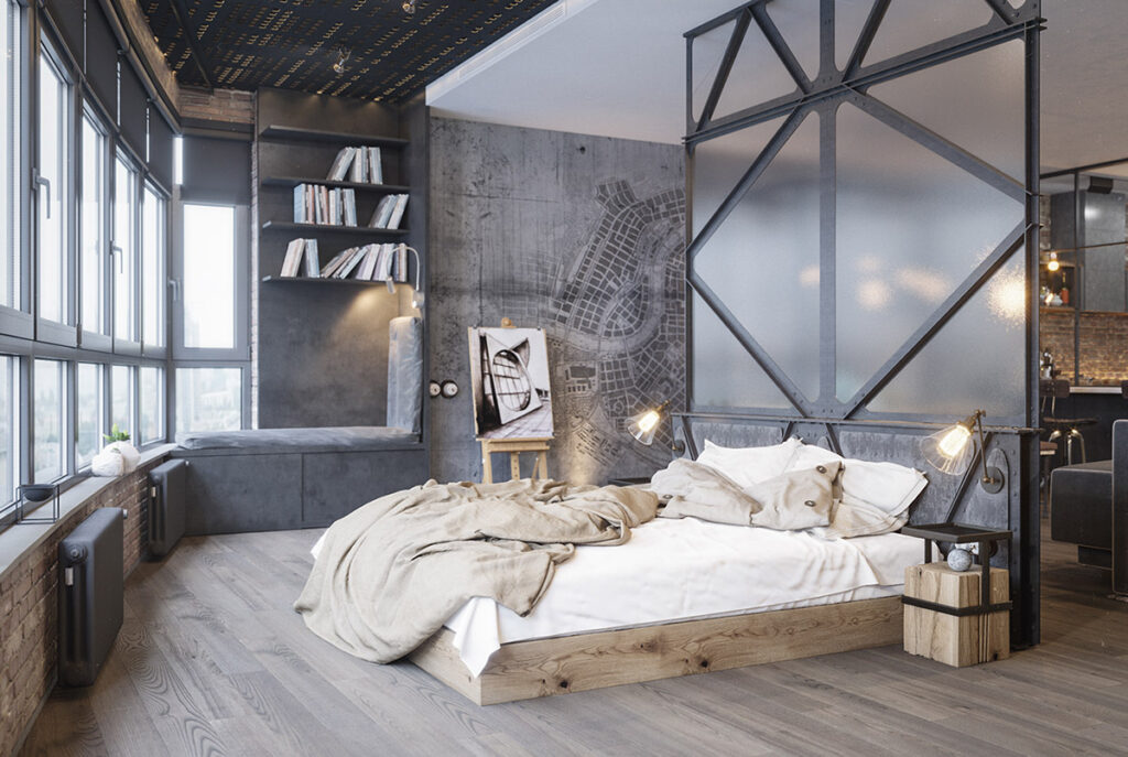 Open and bright industrial style bedroom