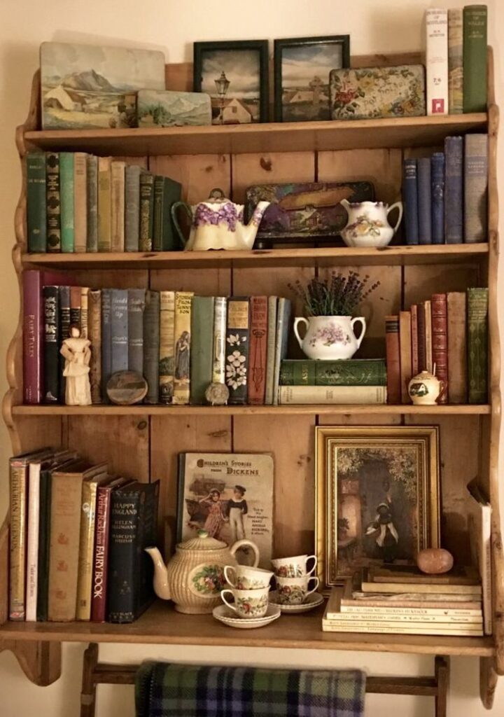 Open shelf with vintage items